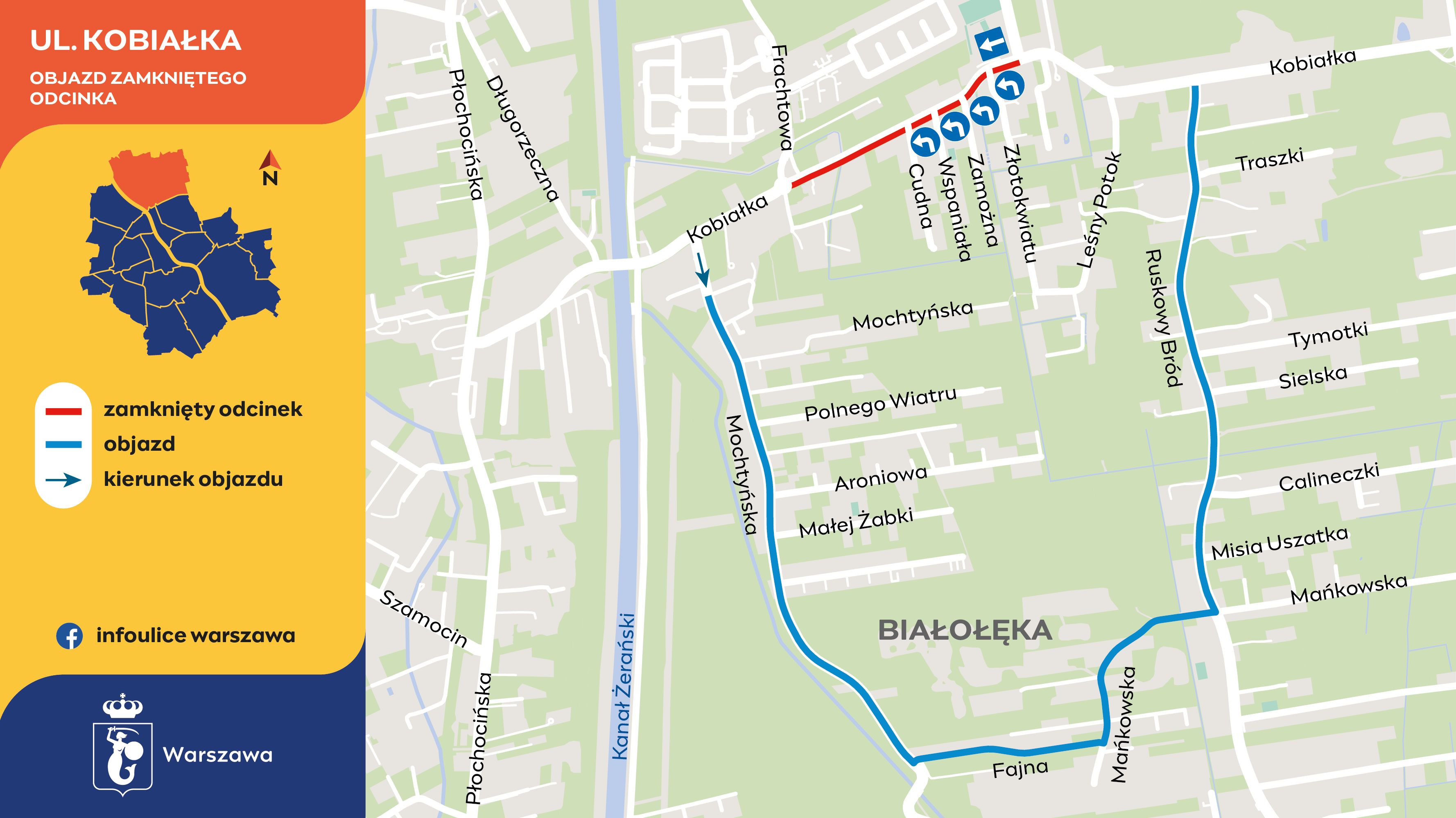 Mapa ulic, z zaznaczonym zamkniętym odcinkiem ulicy Kobiałka. Objazd prowadzi ulicami: Mochtyńską, Fajną, Mańkowską i Ruskowy Br&oacute;d.